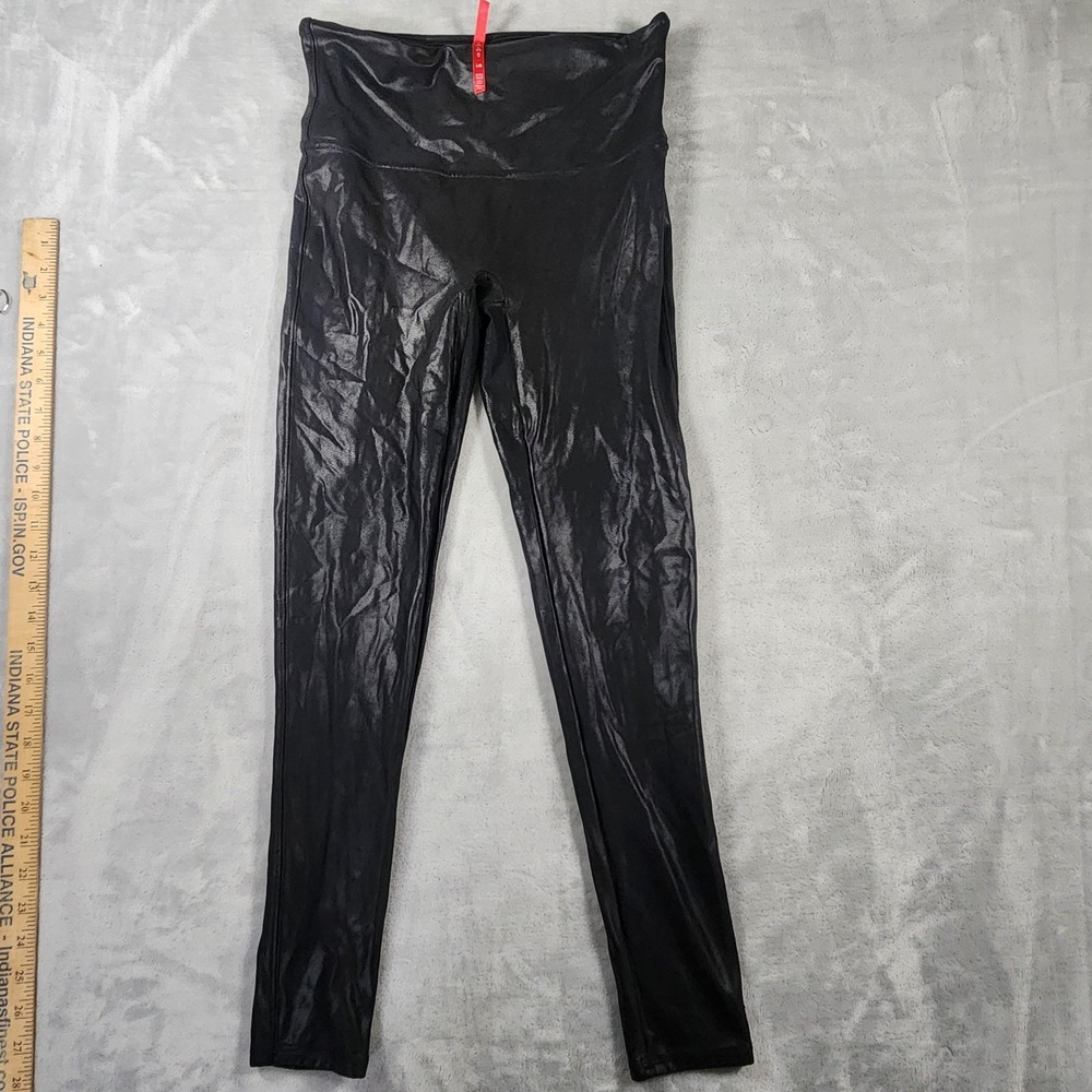SPANX Leggings Womens Large Very Black Faux Leather Pull On Slimming Moto Pants